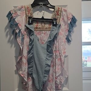 Light Blue Ruffle Kids Swim Camisole with Pink Coral-Print Cover-Up